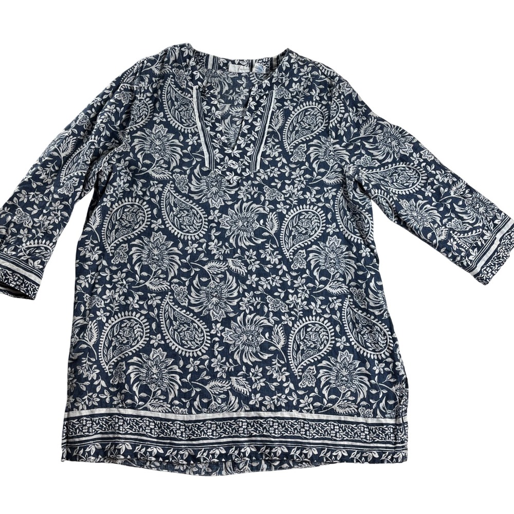 Sigrid Olsen Womens Navy Blue White Paisley 100% Linen Tunic Top 3/4 Sleeve M